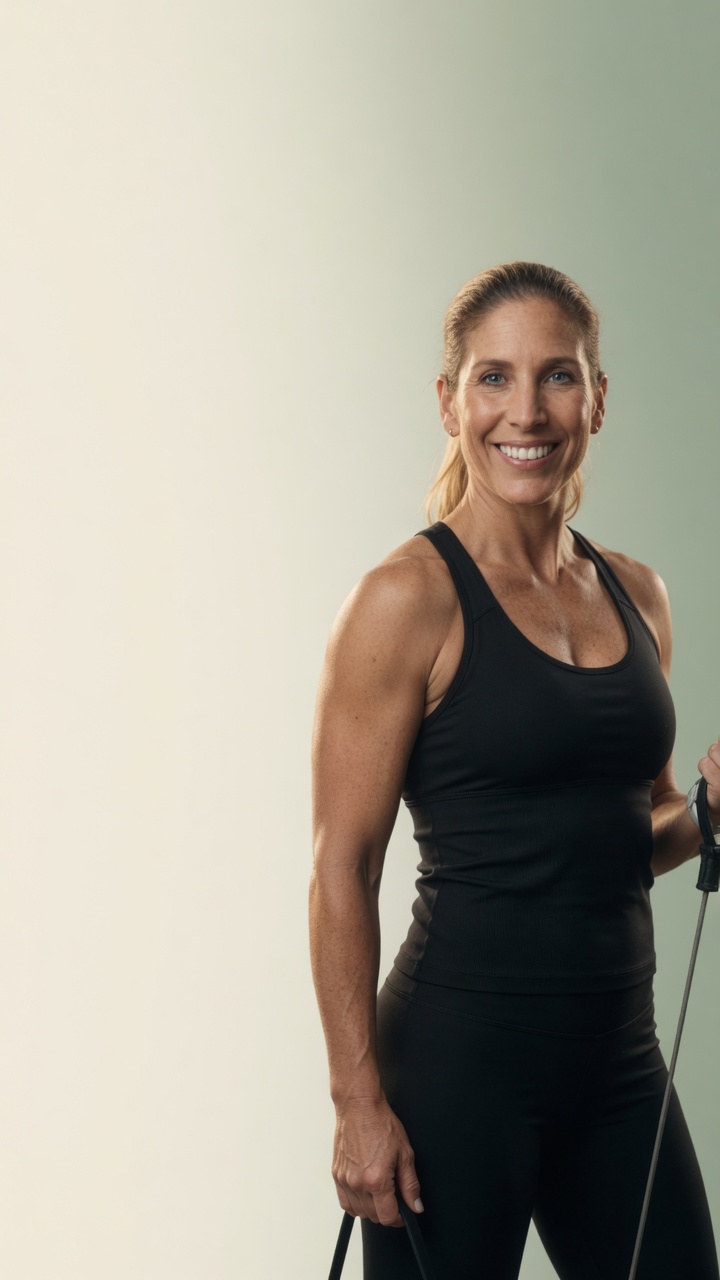 Andreina Carvallo, entrenadora personal certificada, sonriendo con una banda de resistencia