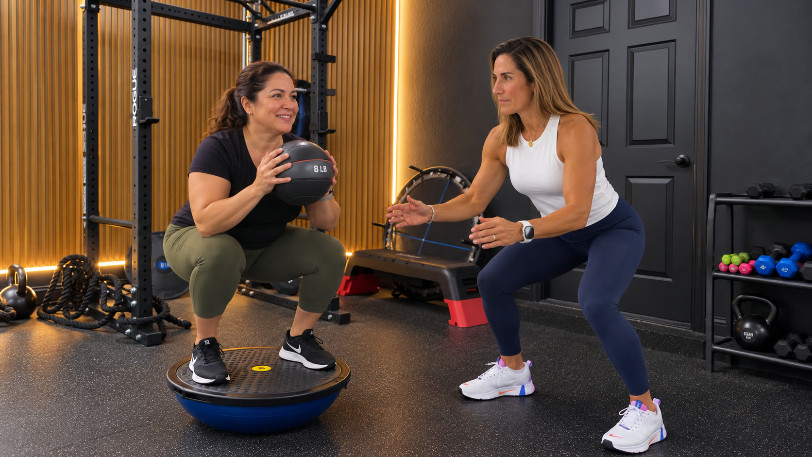 Andreina Carvallo guiando a una mujer en una sentadilla con mancuerna en su estudio de Doral