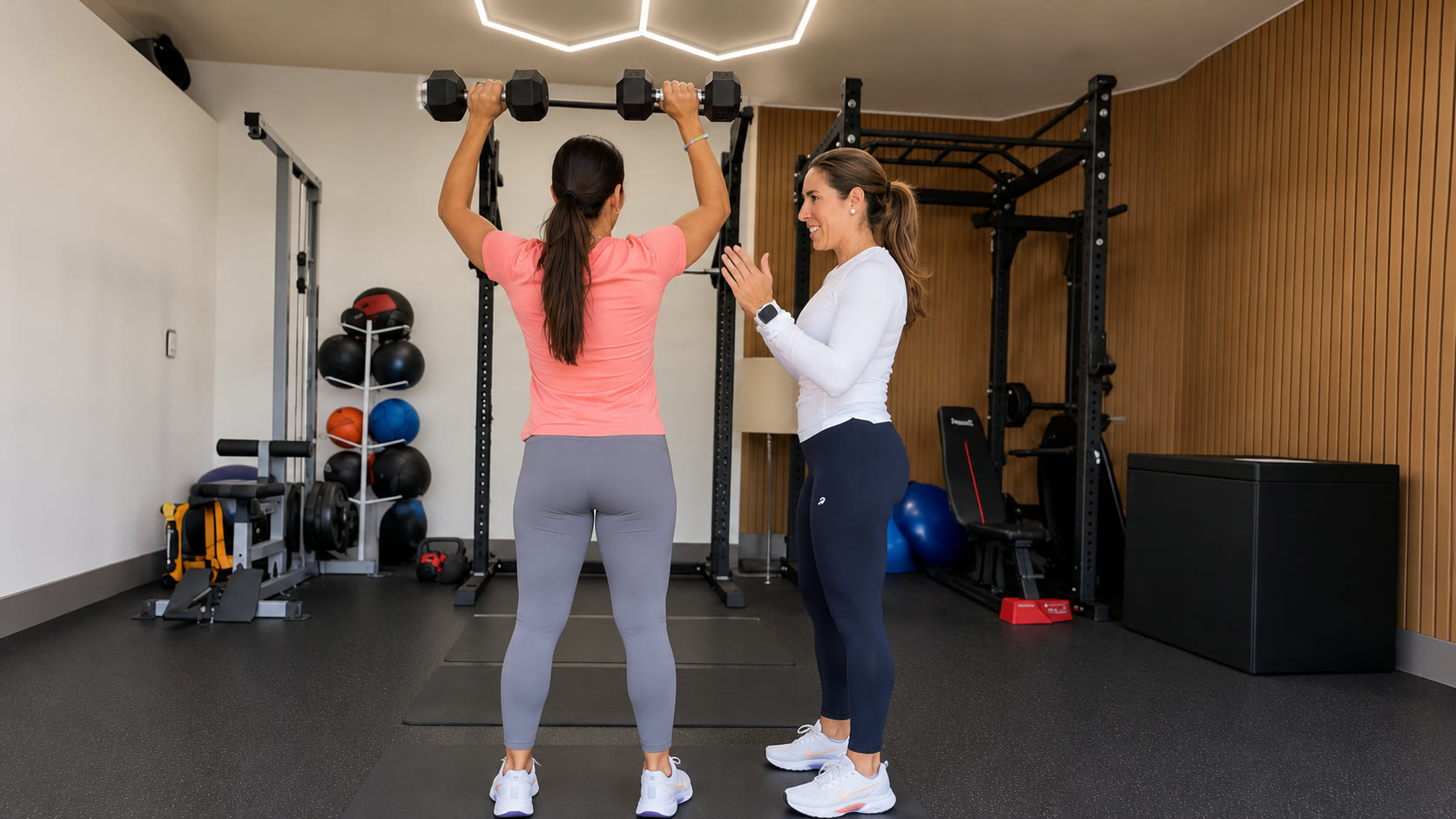 Andreina Carvallo cheering on a smiling woman in her 40s as she presses two dumbbells overhead in her Doral home studio